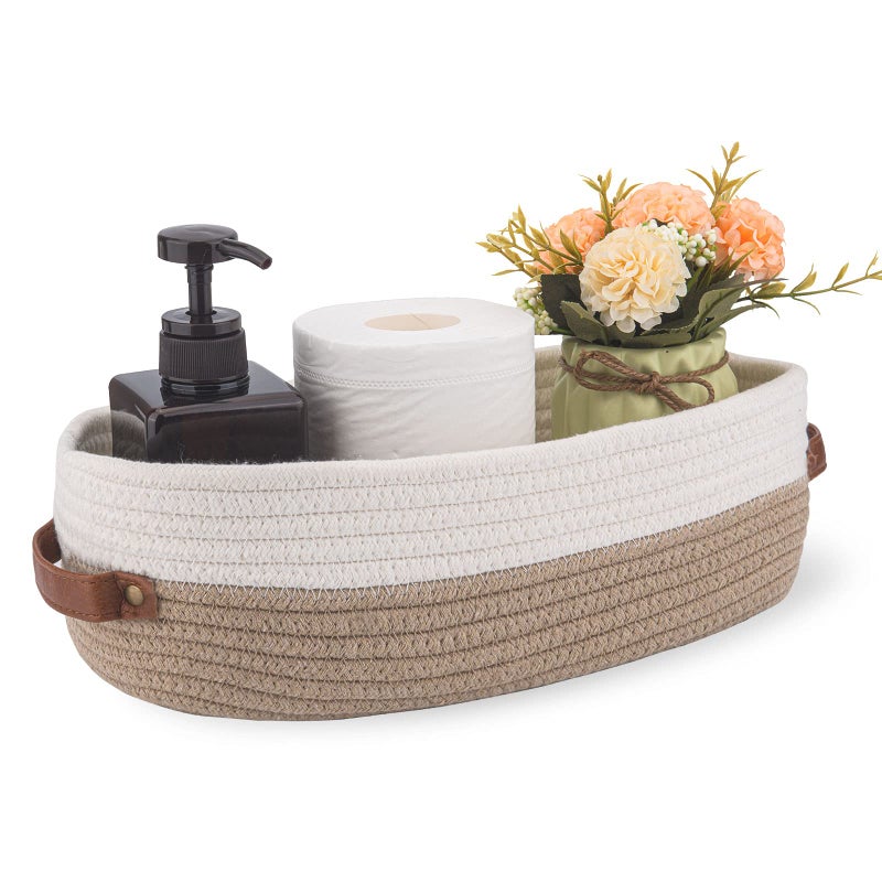 Oradrem Cotton Rope Bathroom Decor Basket Toilet Paper Holder Basket Farmhouse Home Decor Organizing Baskets 13""x5.9""x4"" Brown Stitching White - Image 3